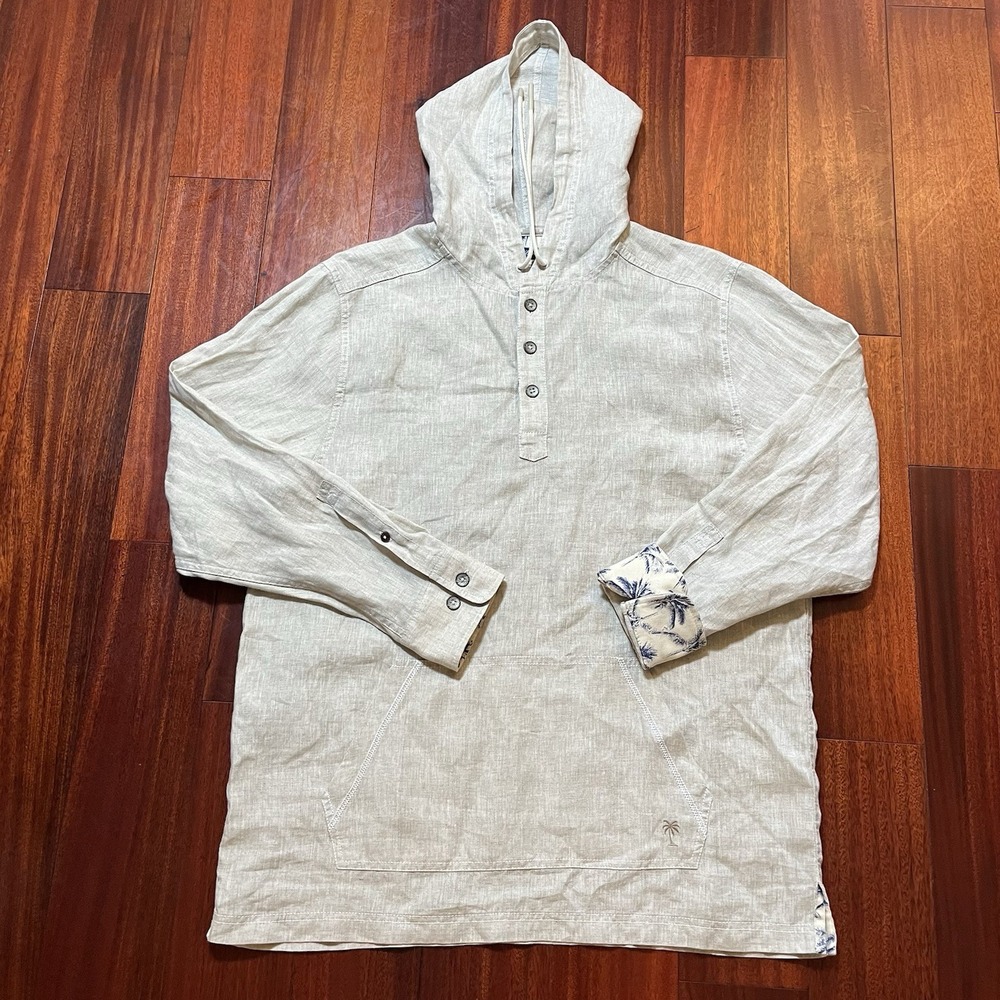 Tommy Bahama Shirt Mens Large Hooded Pullover Flip Cuff Kangaroo Pocket LINEN